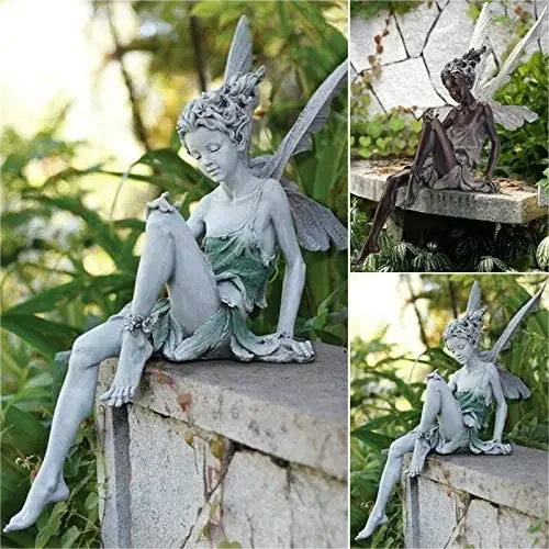 Flower Fairy Sculpture Garden Landscaping Yard Art Ornament Resin Turek Sitting Statue Outdoor Angel Figurines Craft Decoration