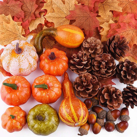 50Pcs Thanksgiving Autumn Simulation Pumpkin Decoration Set Halloween Autumn Garland Maple Pinecone Christmas Thanksgiving Decor