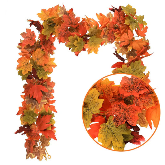 2M Artificial Maple Leaf Garland Fake Fallen Leaves Autumn Decor Rattan for Thanksgiving Halloween Festivals Wedding Xmas Decor