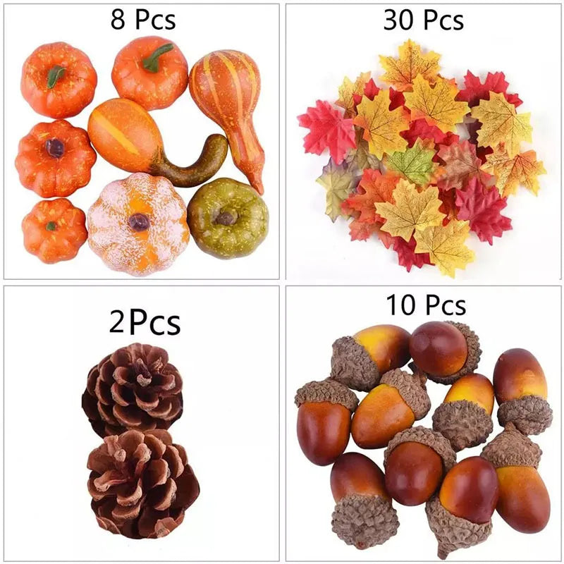 50Pcs Thanksgiving Autumn Simulation Pumpkin Decoration Set Halloween Autumn Garland Maple Pinecone Christmas Thanksgiving Decor