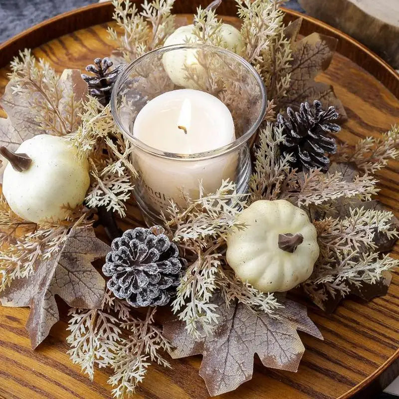 25cm Artificial Pinecone Candle Wreath Autumn Party Decor Pumpkin Maple Leaf Thanksgiving Day Wreath Party Home Ornaments