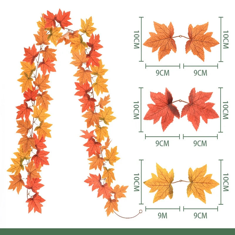 2M Artificial Maple Leaf Garland Fake Fallen Leaves Autumn Decor Rattan for Thanksgiving Halloween Festivals Wedding Xmas Decor