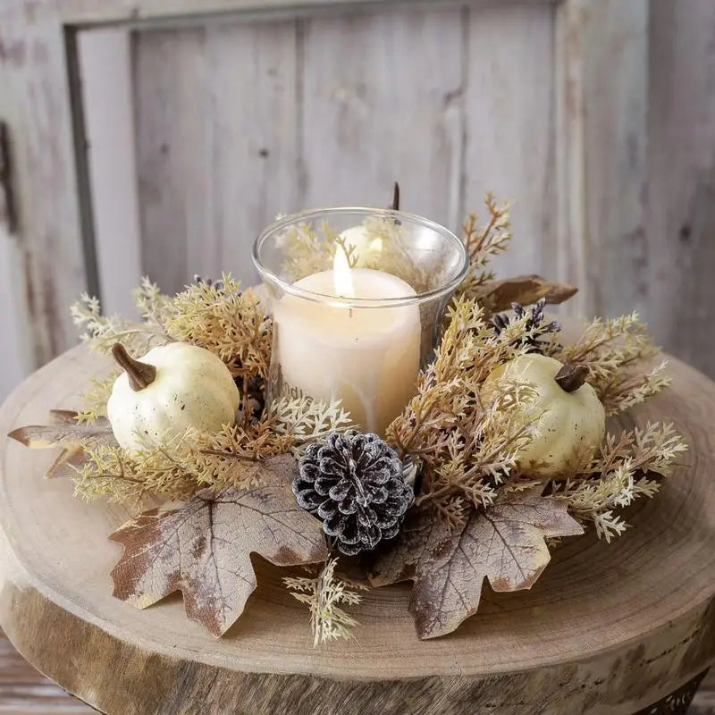 25cm Artificial Pinecone Candle Wreath Autumn Party Decor Pumpkin Maple Leaf Thanksgiving Day Wreath Party Home Ornaments