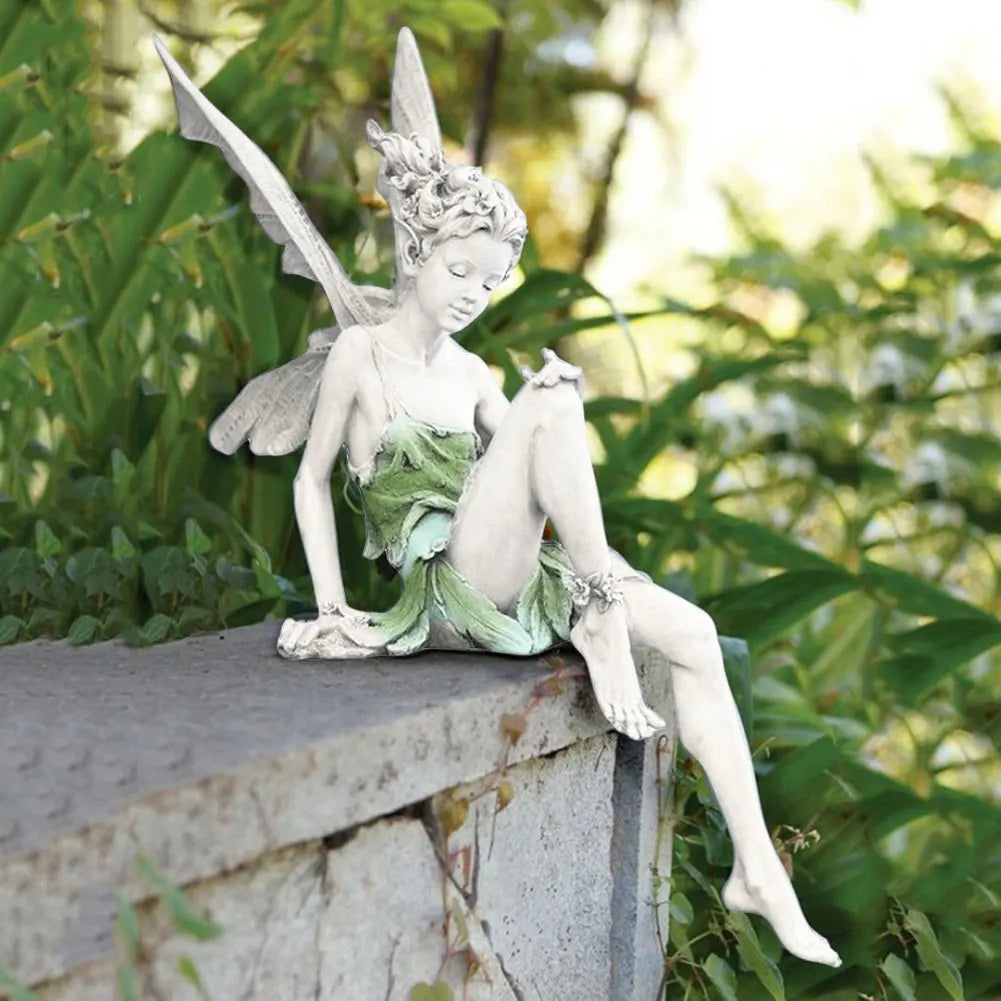 Flower Fairy Sculpture Garden Landscaping Yard Art Ornament Resin Turek Sitting Statue Outdoor Angel Figurines Craft Decoration