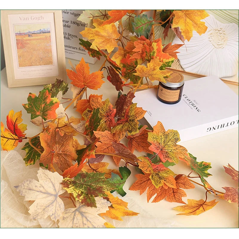 2M Artificial Maple Leaf Garland Fake Fallen Leaves Autumn Decor Rattan for Thanksgiving Halloween Festivals Wedding Xmas Decor