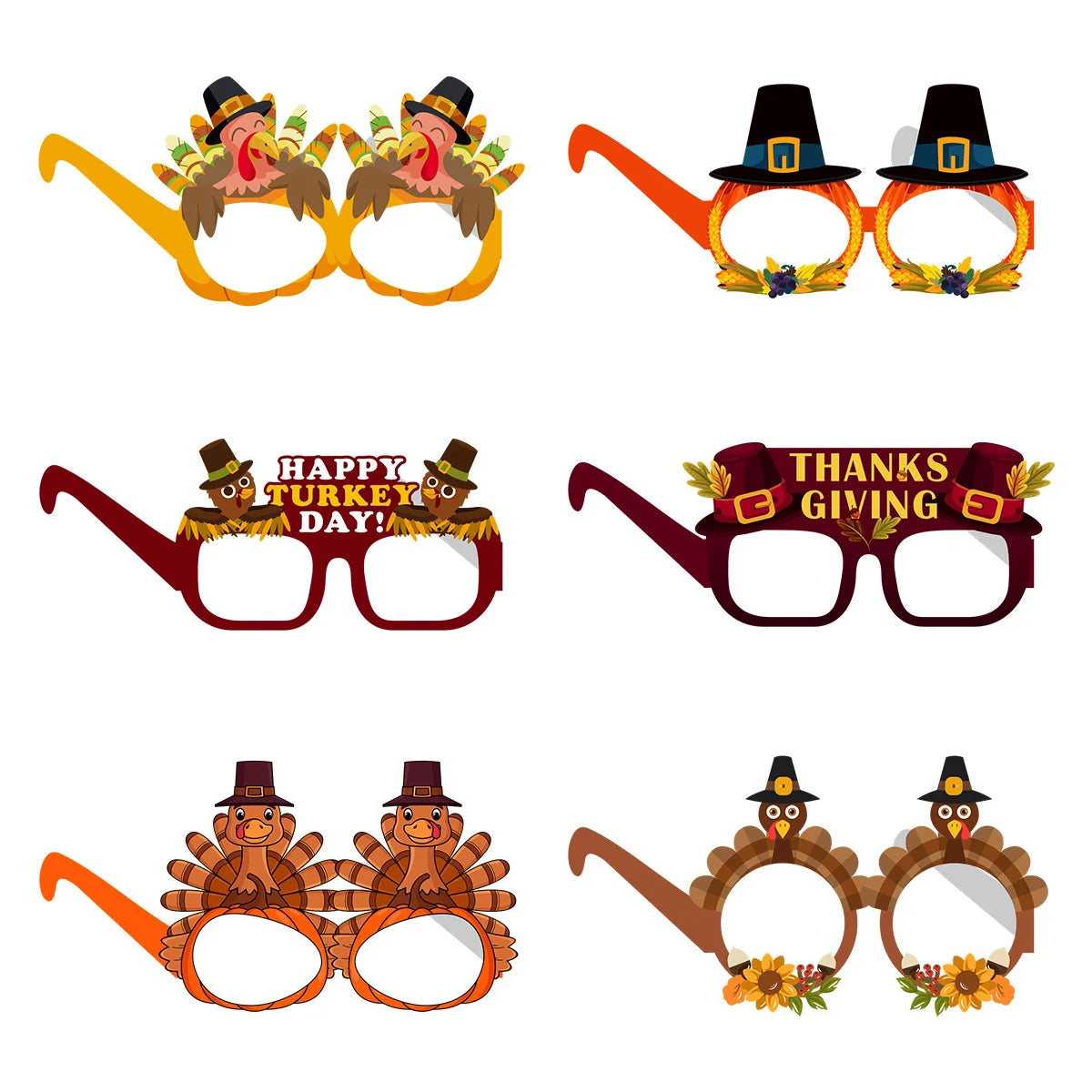 12Pcs Cartoon Turkey Paper Eyeglasses Photo Props for Autumn Thanksgiving Theme Party Decoration Birthday Party Background Props