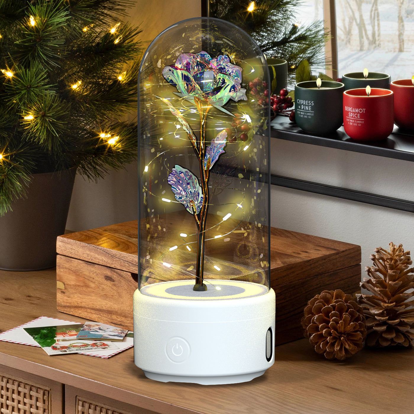 Rose LED Light and Bluetooth Speaker in Glass Dome"