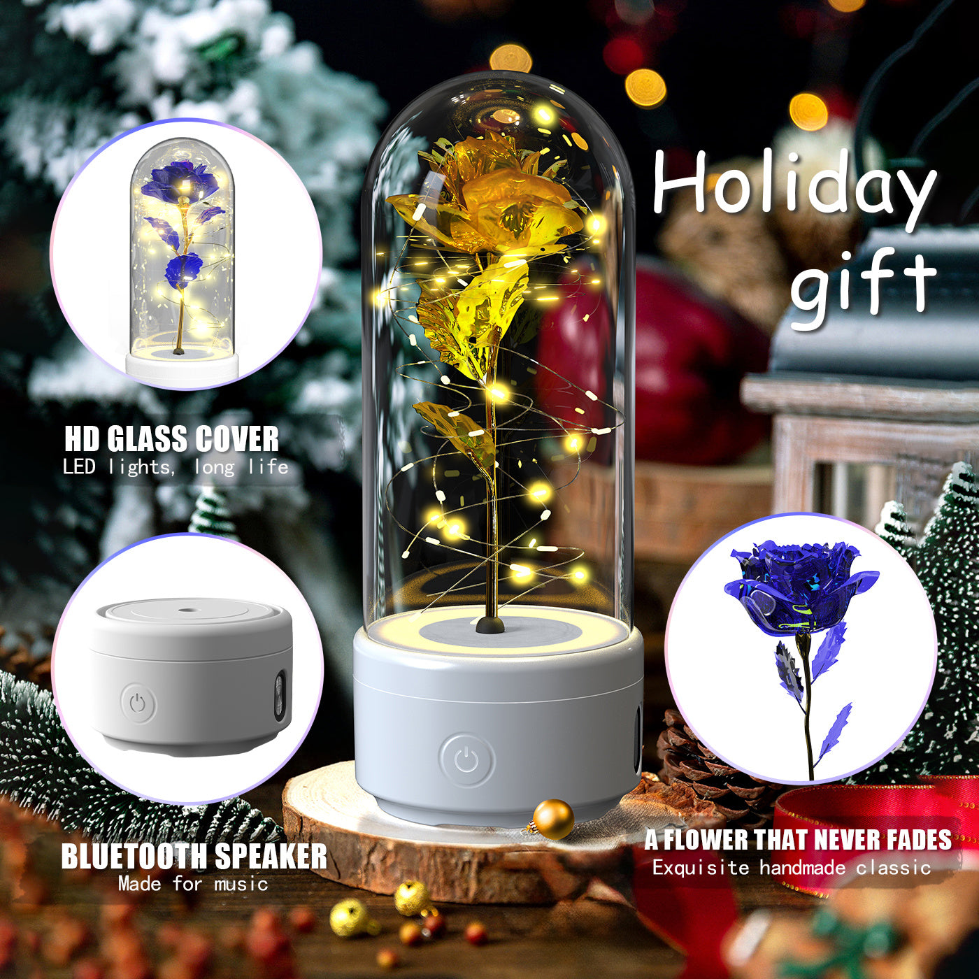 Rose LED Light and Bluetooth Speaker in Glass Dome"